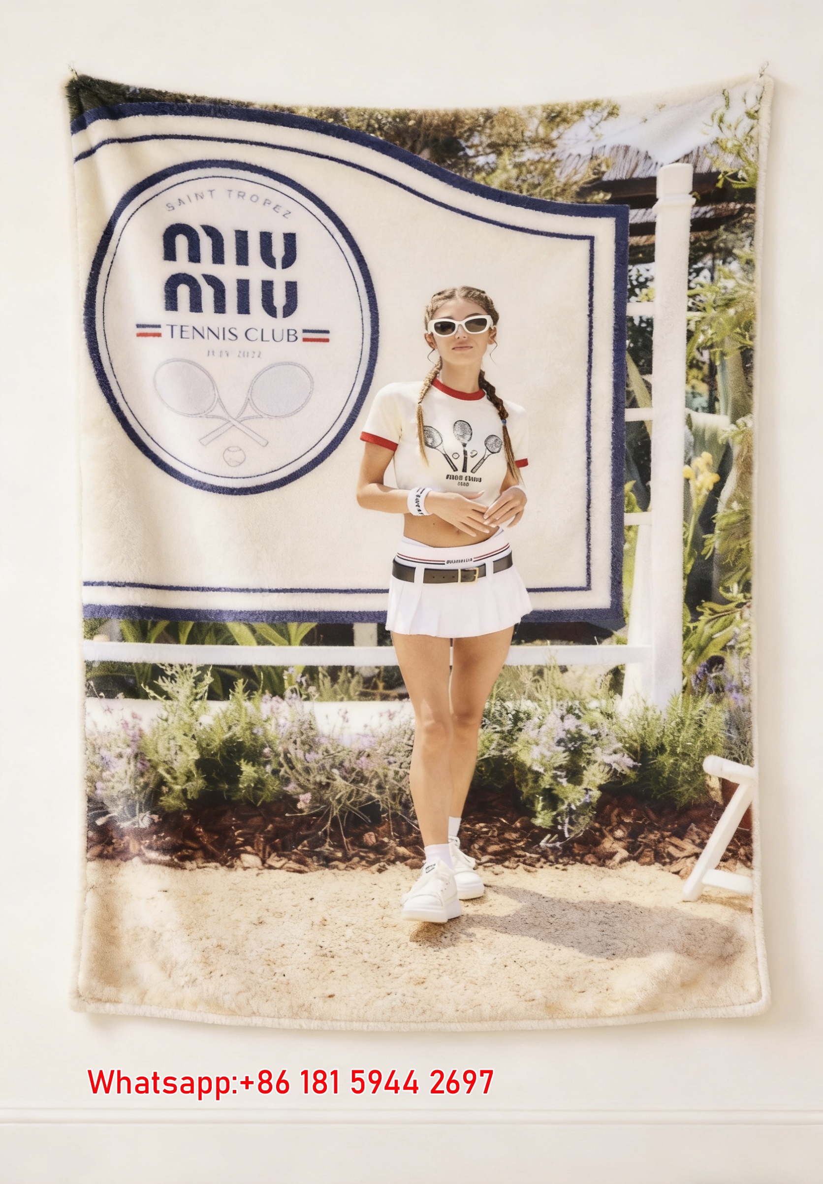 Miumiu White Red Navy Blue Flannel Sofa Throw Blanket – Printed Saint Tropez Tennis Club Girl Outfit IMG_0541